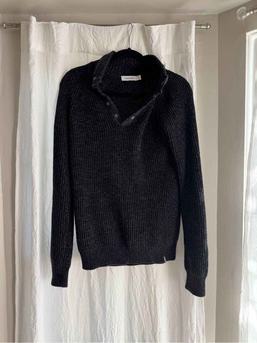 Calvin Klein Black Ribbed Turtleneck Sweater with Snap Collar
